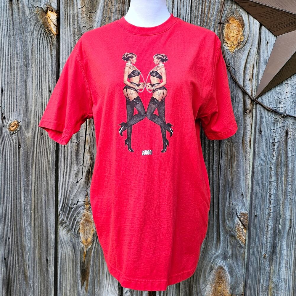 AKOO Graphic Tshirt Size L Red Cotton Crewneck Handcuffs Chains Lingerie Ladies